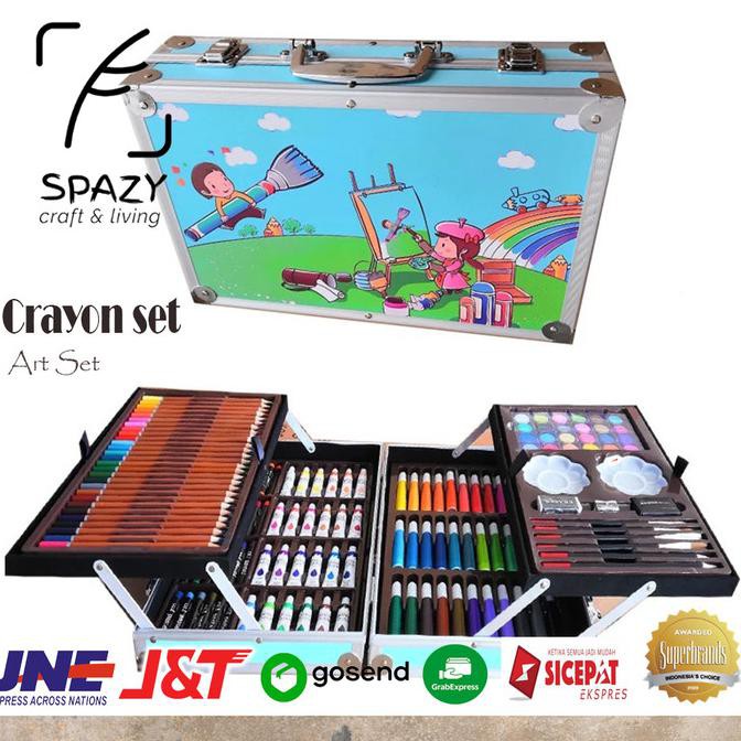 

BISA COD Crayon Art set/Krayon anak/Alat Menggambar/Alat mewarnai/Koper Besi - Biru Muda, ekstra