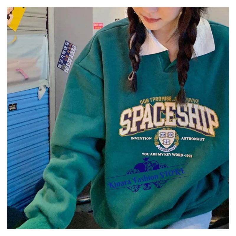 SPACE SHIP COLAR Sweater Crewneck Oversize | Outerwear Wanita Fashion Terkini Bahan Fleece Korean Style