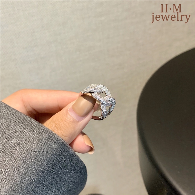 Cincin Model Rantai Twist Terbuka Bahan S925 Silver Aksen Berlian