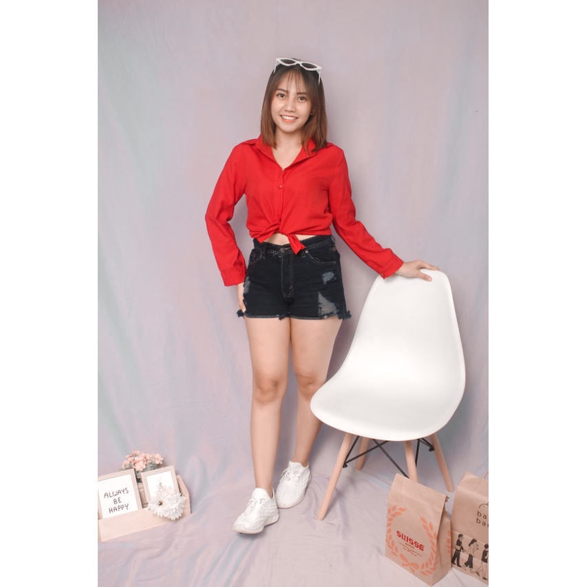 RX Fashion - KEMEJA AUREL / KEMEJA BASIC Wanita Polos lengan panjang Tangan Skoder / Lumina Basic / Kemeja Dian / Kemeja Polos /  -R3-merah