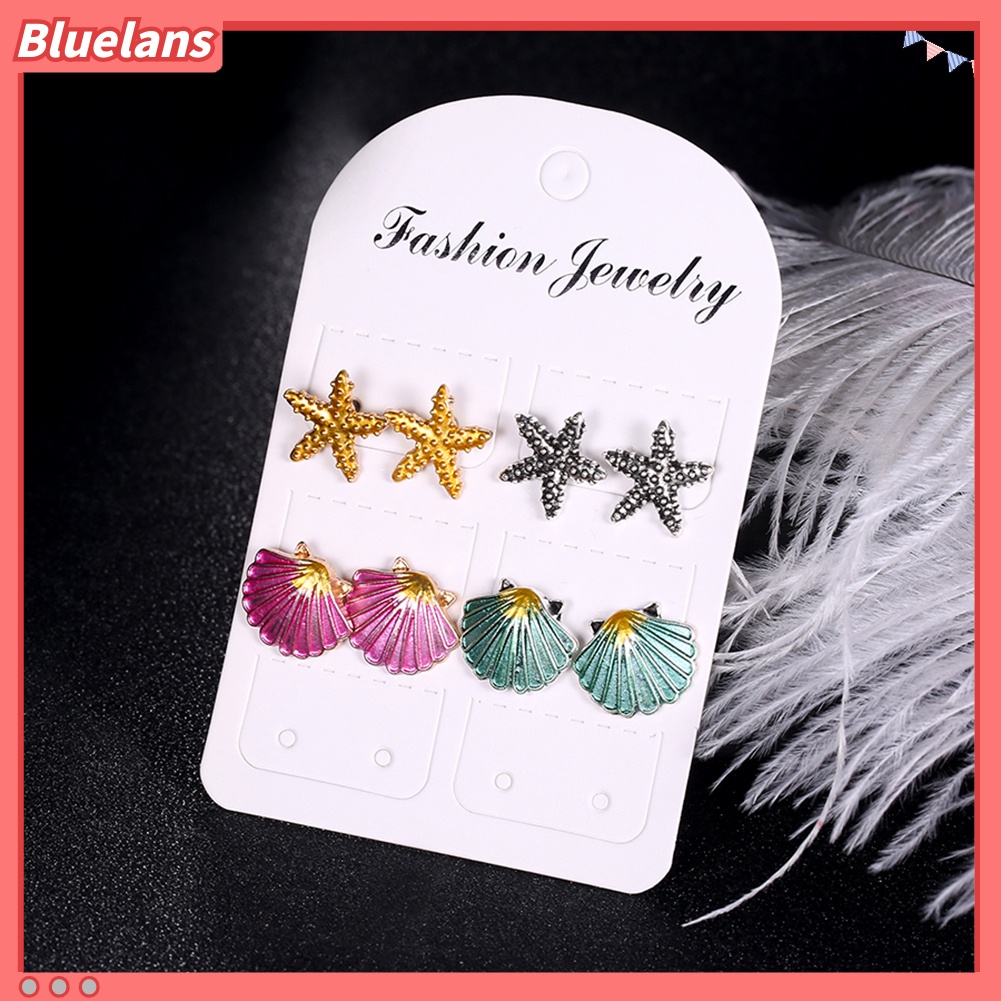 Bluelans 4 Pairs Boho Women Starfish Shell Stud Earrings Set Summer Jewelry Accessories