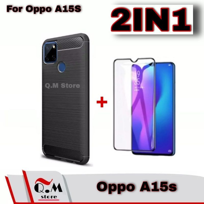 PROMO 2IN1 Case Oppo A15s SoftCase Slim Carbon Ipaky Free Tempered Glass New Softcase Oppo A15S 2021