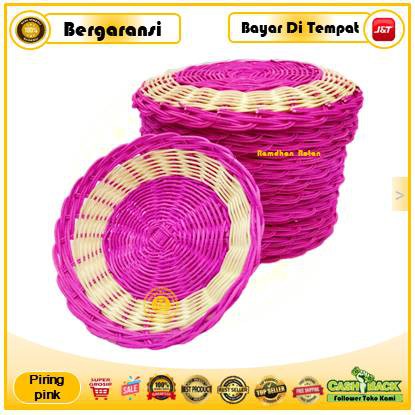 Piring Warna Pink Rotan Asli - Piring Rotan Ping Bahan Rotan - Piring Berwarna Merah Muda Asli Rotan