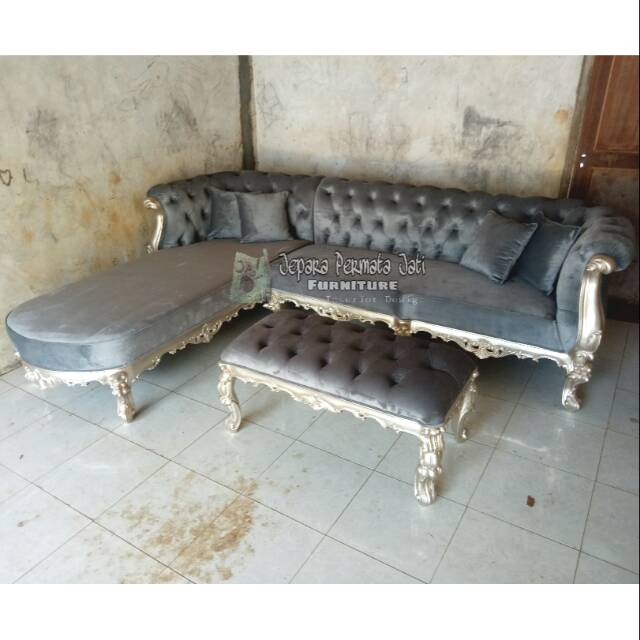 Sofa L ukiran luxury with stool ( sofa sudut,  sofa tamu ukiran, sofa ukir jepara )