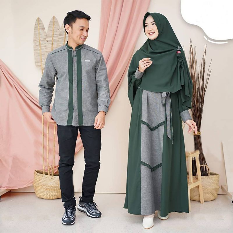 PROMO GAMIS + HIJAB + BAJU KOKO PERIA LENGAN PANJANG MODEL PAKAIAN PASANGAN LEBARAN MEWAH & BAGUS