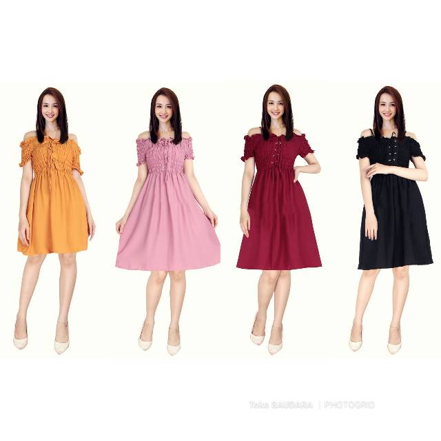 Dress sabrina kerut babydoll tali sepatu