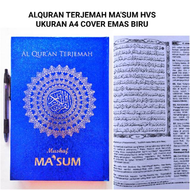 ALQURAN TERJEMAH MUSHAF MA'SUM HVS UKURAN A4 COVER EMAS BIRU - AL QURAN MURAH