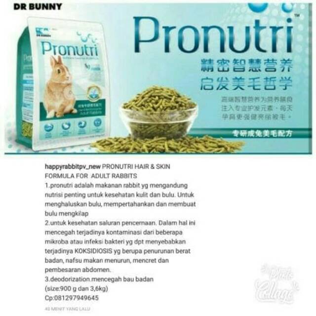 Makanan kelinci DR317 Pronutri adult 3,6 kg