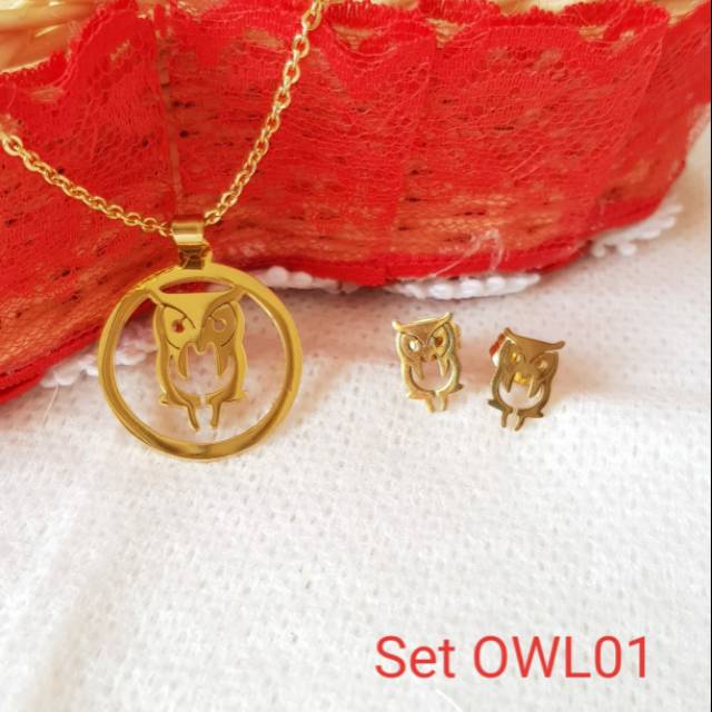 SET Kalung &amp; Anting Owl Titanium Gold Antikarat Selamanya SG03