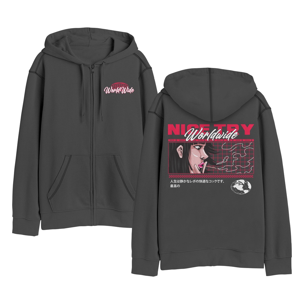 BRIGO Zipper Jumper Hoodie NICE TRY II Sweater Hoodie Resleting BRIGO X ANIME Sablon DTF Fleece Cotton II SIZE M-XXL (Pria &amp; Wanita) Free stiker&amp;Gantungan Kunci