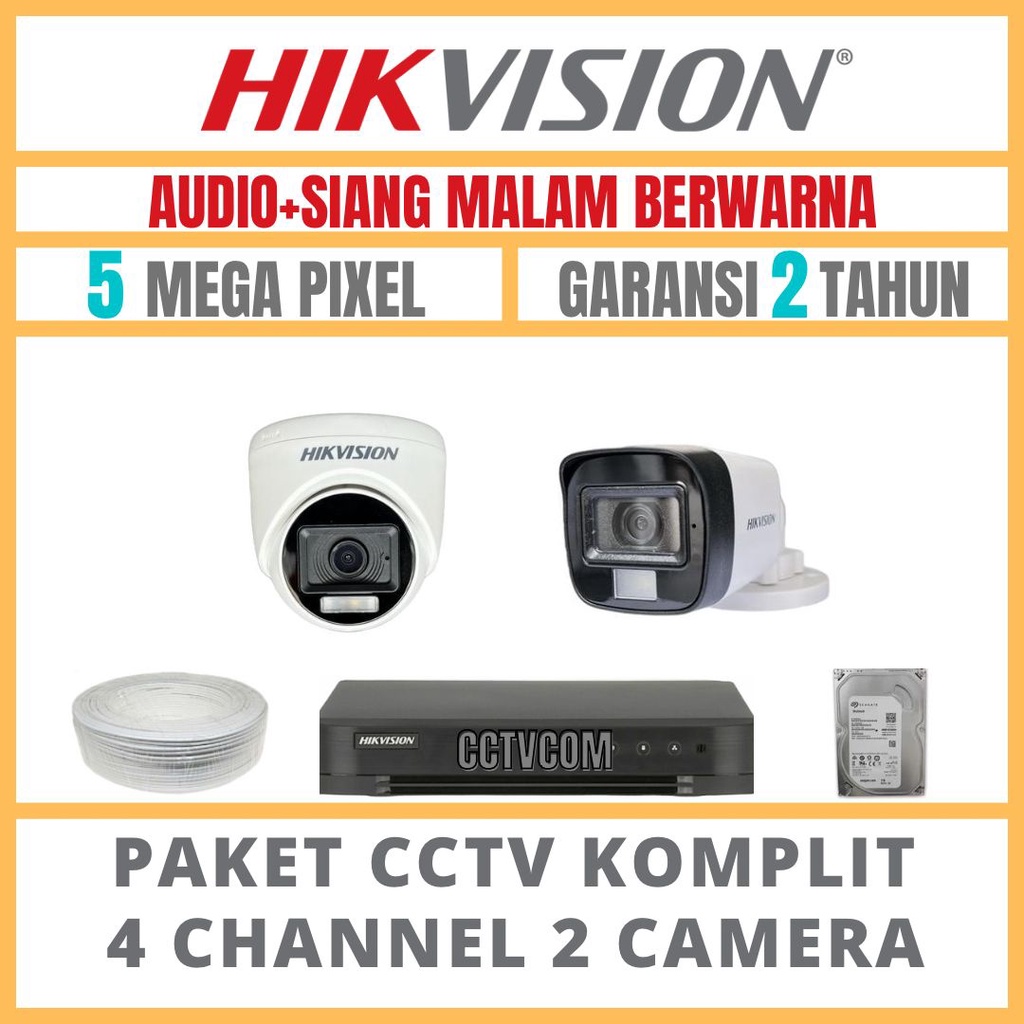 PAKET CCTV HIKVISION COLORVU 5MP 4 CHANNEL 2 CAMERA TURBO HD COLORFULL