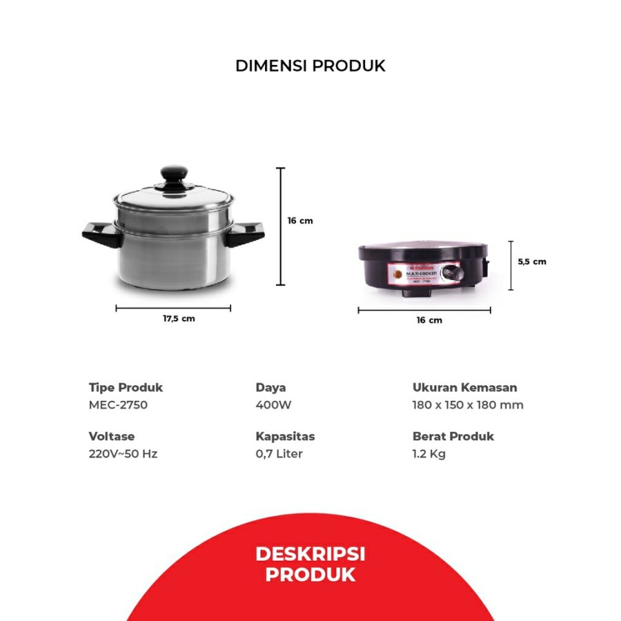 Maspion Multi Cooker Panci Mug Pengukus Kukusan Listrik Elektrik MEC 2750 - MEC2750 0,7 Liter 0,7L