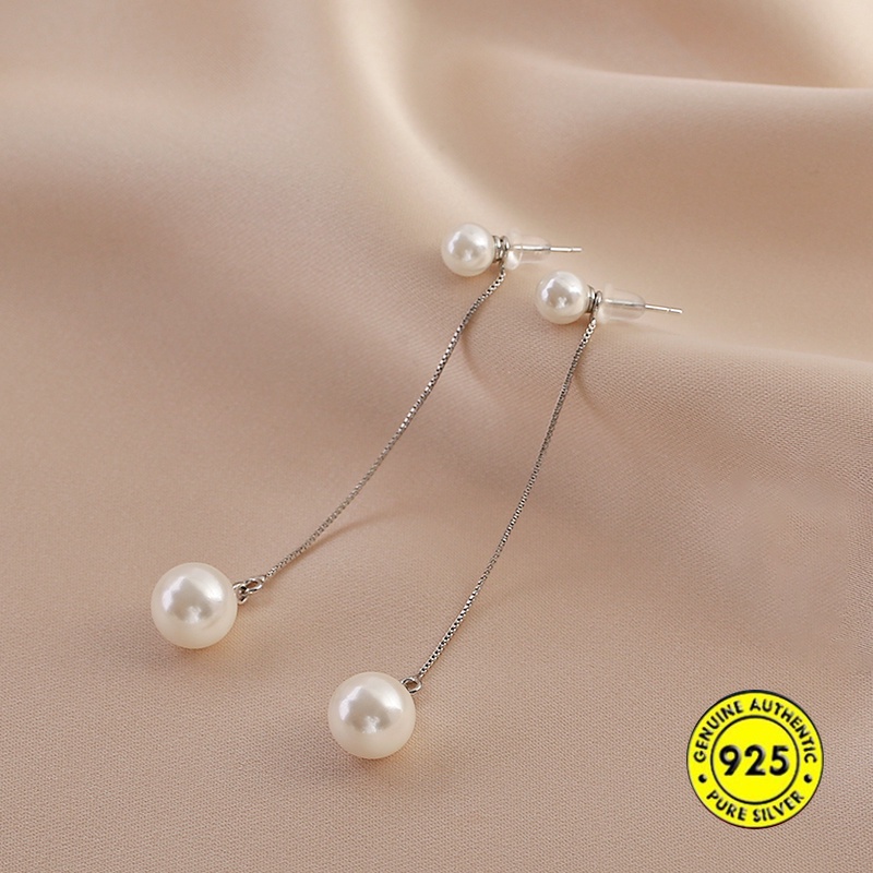 Anting Giwang Panjang Warna Silver Dengan Mutiara + Rumbai Untuk Wanita