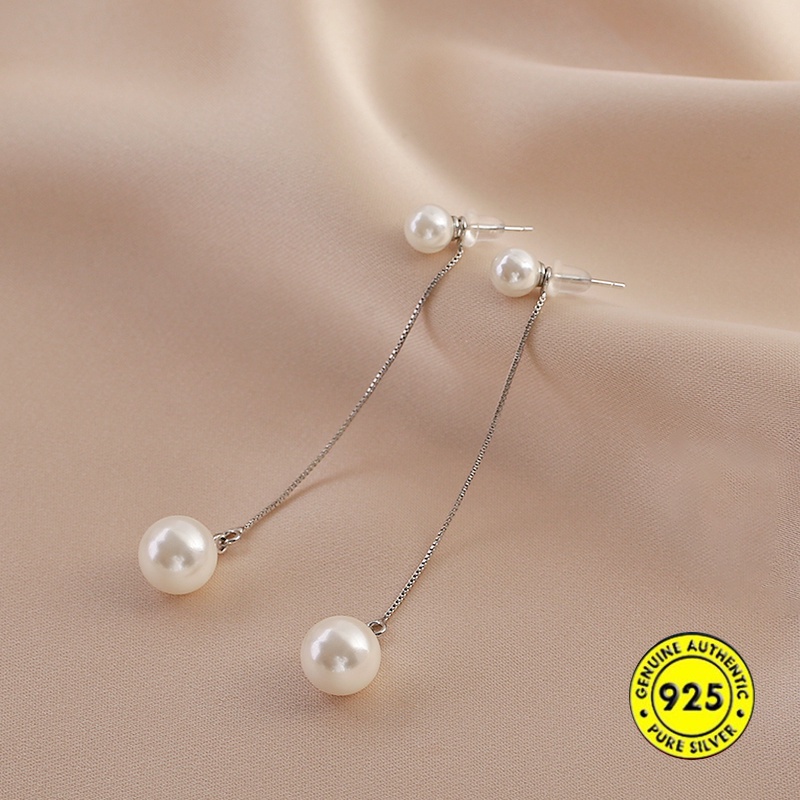 Anting Giwang Panjang Warna Silver Dengan Mutiara + Rumbai Untuk Wanita