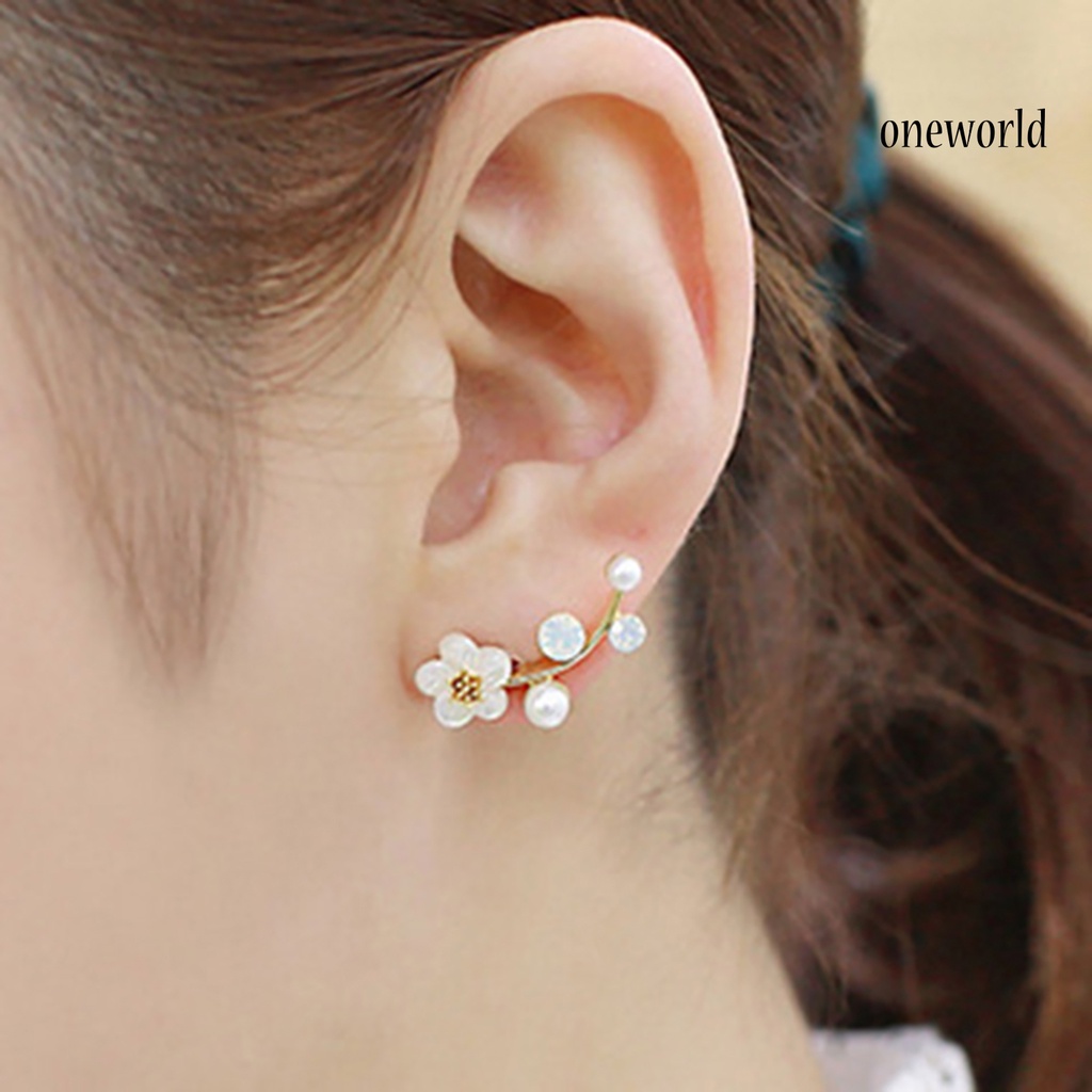 OW@ 1 Pair Women Flower Faux Pearl Rhinestone Earrings Ear Studs Jewelry Gift for Party