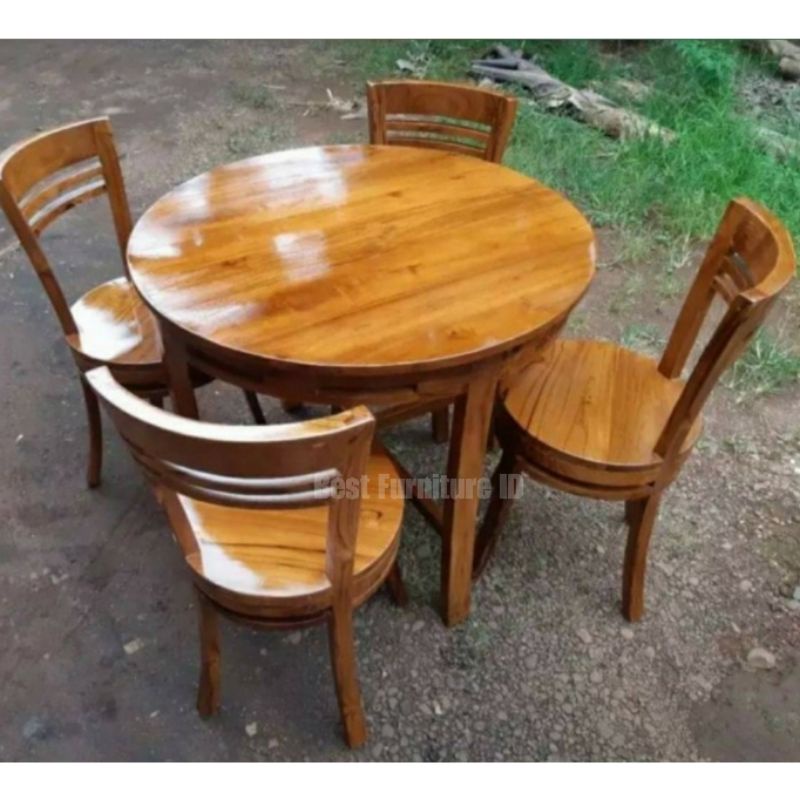 Meja Makan Bulat 4 Kursi - Meja Makan Bundar 4 Kursi Kayu Jati