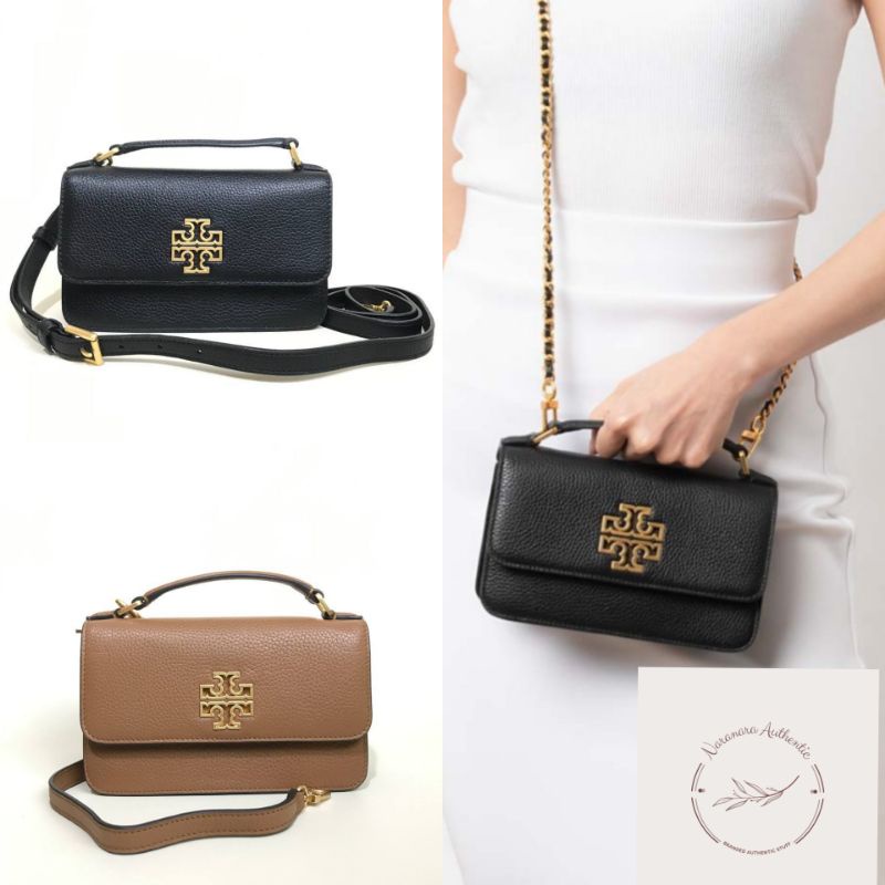 TB britten mini top handle bag black bark ghw/gray heron shw leather new strap