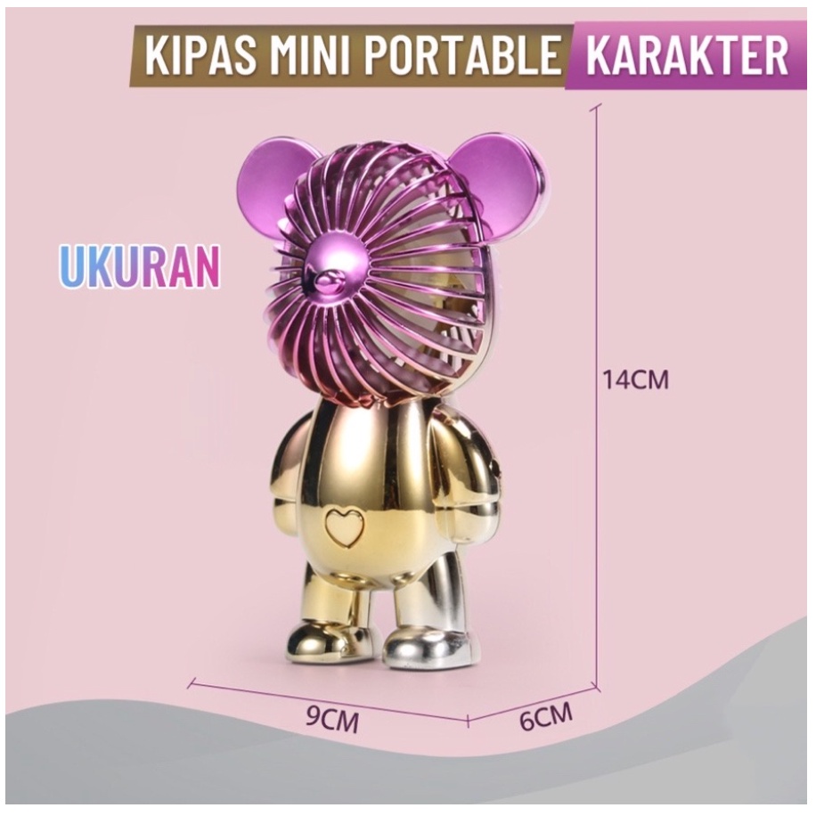 Kipas Angin Gradasi Motif BEAR Mini Portable USB Charge Kipas Angin Genggam Rechargeable Fan 3-Speed Kipas Beruang Alas Anti Selip