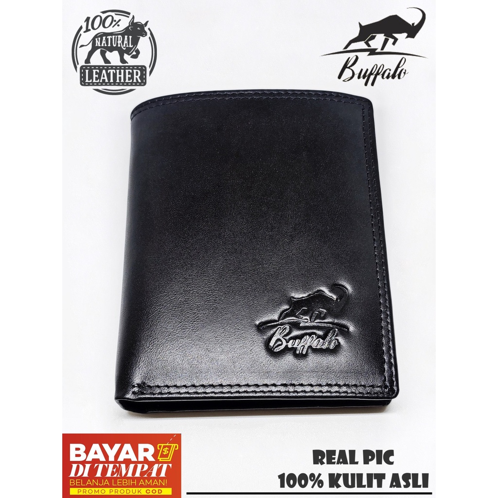 Buffalo Dompet Pria 100% Kulit Asli Slot Kartu Banyak Model Lipat Casual - Coklat Brown Cokelat Tua-Hitam / Black