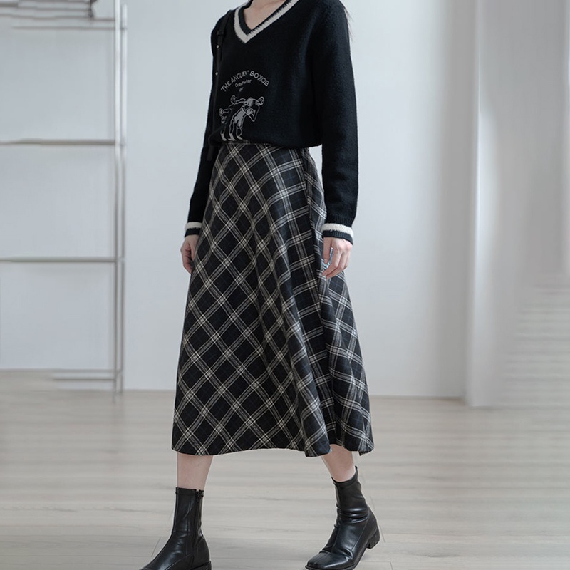 Newlan QZ010 Rok Kotak Kotak Panjang Motif Rok Korean Style Panjang Naya Skirt Kotak Long Skirt-8