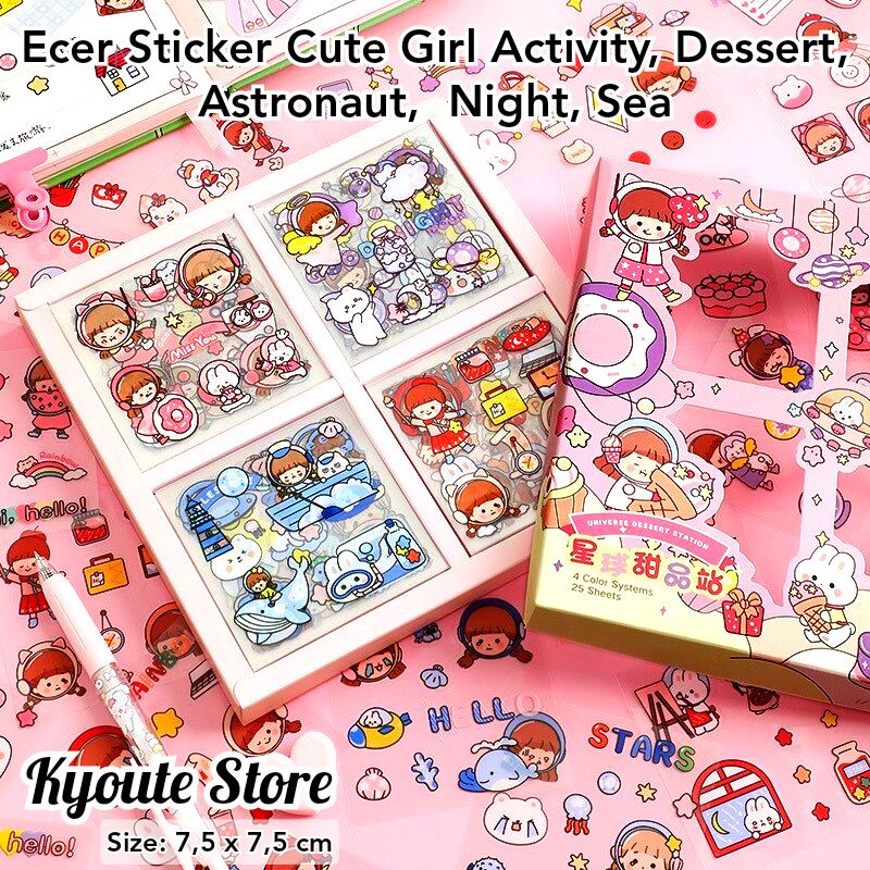 

3 pcs Sticker Anti Air PVC Cute Girl Dessert Astronaut Night Sea Pink Transparan Dekorasi Scrapbook Tumblr Diary Journal DIY