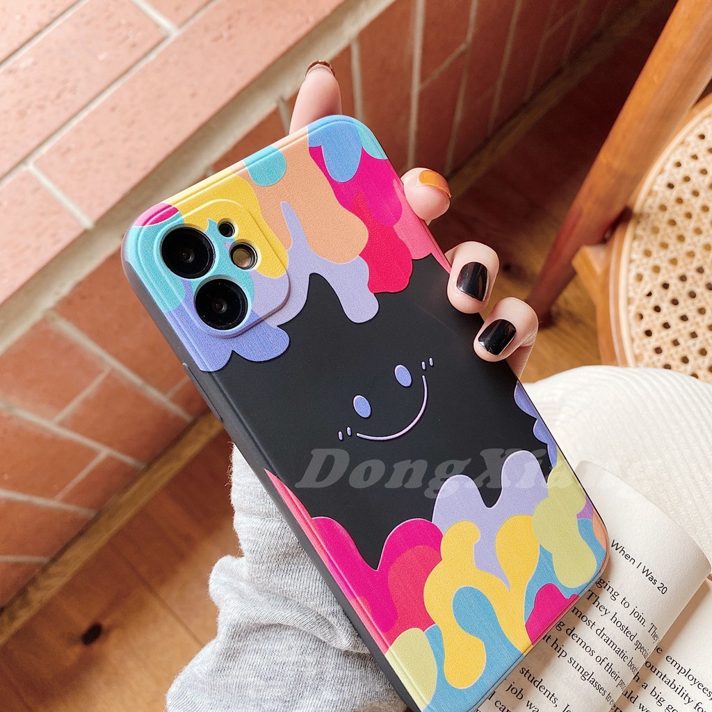 Smiley Case For OPPO A16 Reno 6Z Reno 6 A15 A15S A54 A94 A31 Reno 5 A5 A9 A5S A3S Real me 8 8Pro C11 C12 C25 C15 C3 5I 6I 7I A12 A12E A52 A92 Square Silicone Colorful Ice Cream Color Matte Back Cover R&amp;J