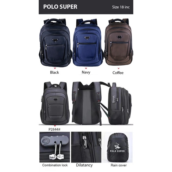 Tas Pria Ransel Laptop 18 inc POLO SUPER Backpack Keylock Import Waterproof + Kunci Original