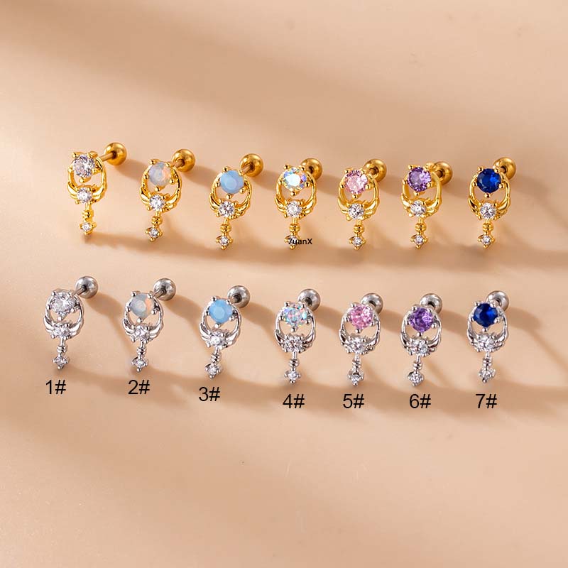 1pc Anting Tusuk Tulang Rawan Telinga Bahan Stainless Steel Hias Zircon Aneka Warna Untuk Wanita