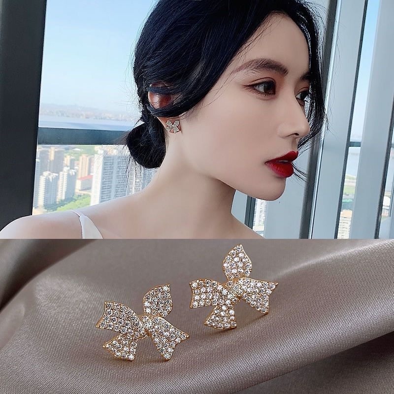 Anting Tusuk Gantung Desain Pita Hias Berlian Warna Permen Gaya Korea Untuk Wanita