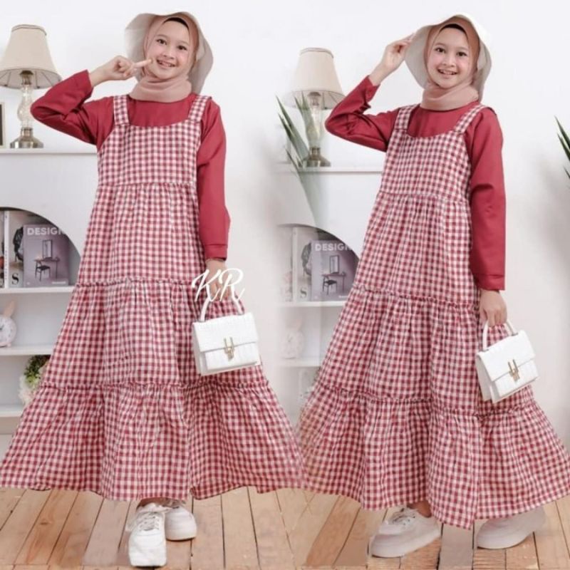 Baju Anak Remaja Perempuan Usia 12 23 14 Tahun-Overall Dress Kotak Anak Cewek Kekinian Terbaru