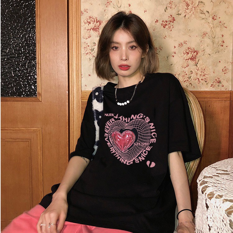 baju wanita oversize cartoon doodle T-shirt lengan pendek kaos korean style kaos hitam