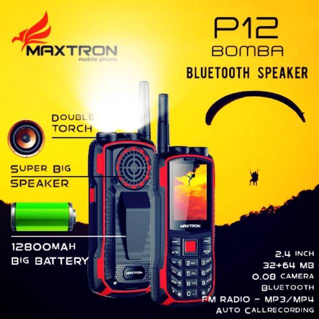 HP MAXTRON GARANSI RESMI  p12i p12 i BOMBA JARINGAN 2G SLOT SIM BESAR bluetooth speaker doble torch 