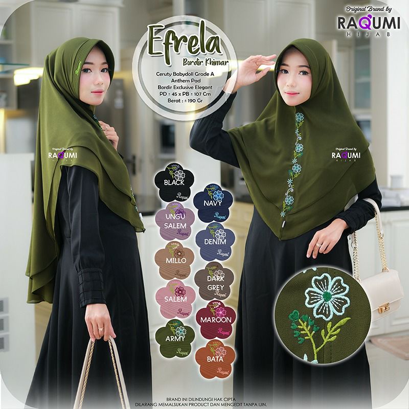Efrela Bordir Khimar Berlabel ORI Raqumi Hijab Bahan Ceruty Babydoll Grade A Aplikasi Bordir Elegant