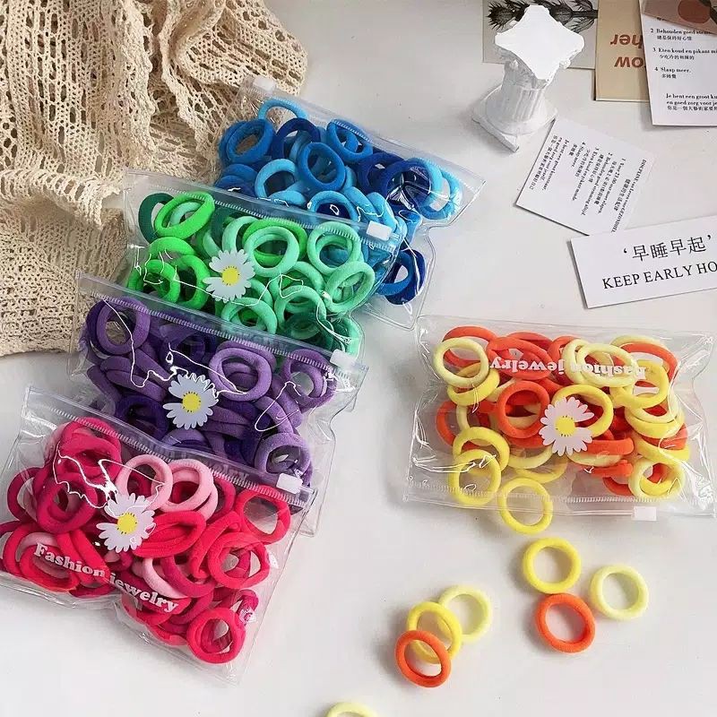 50 pcs karet Rambut warna - warni polos import