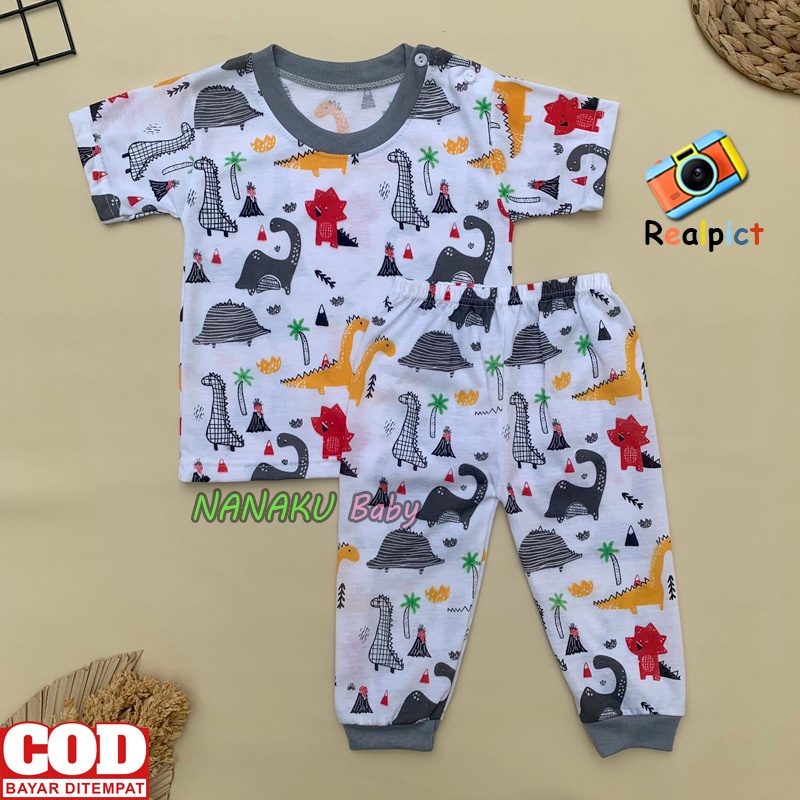 Ana Baby - Setelan abju Bayi Lengan Pendek Celana Panjang Motif Dino Usia 3-12 Bulan