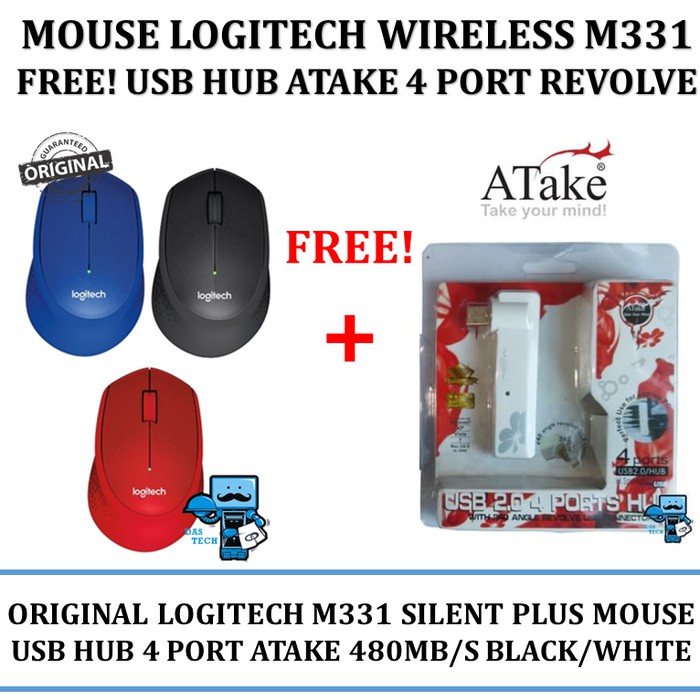 Mouse Wireless Logitech M331 FREE bonus Usb Hub Atake 4 Port Revolve