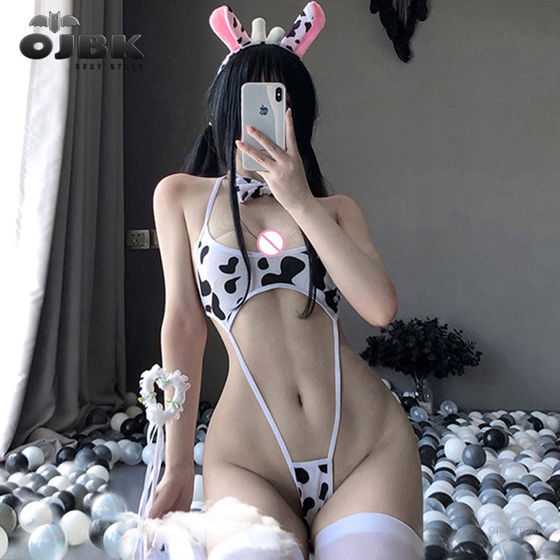 PreOrder Kawaii Black White Cow Print Mini Backless One Piece Micro Bikini Jumpsuit Erotic Sex Costu