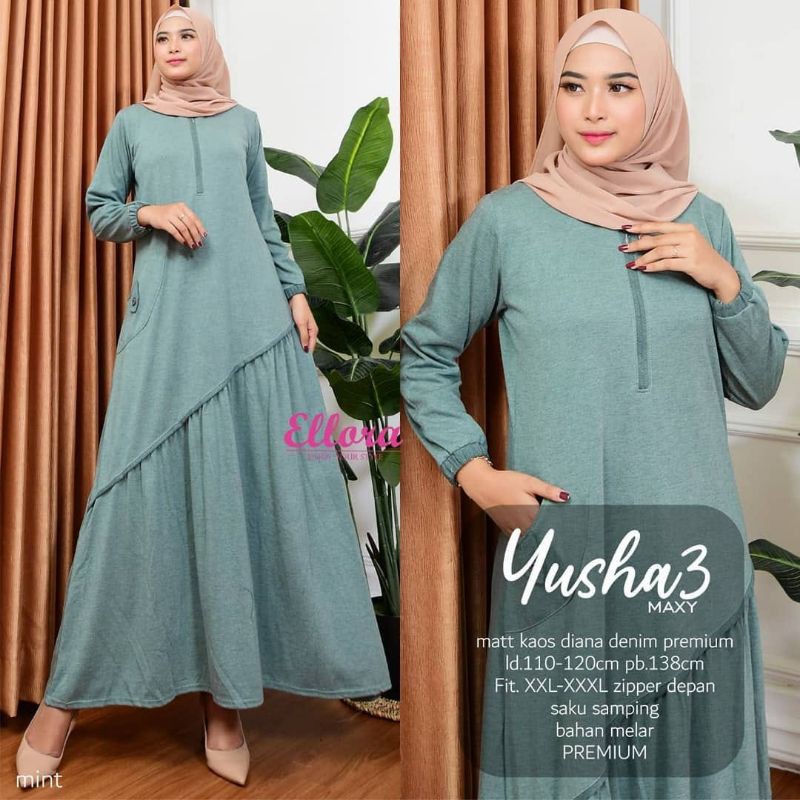 Gamis Wanita Muslim Perempuan Dewasa Remaja Terbaru Yusha Maxi Dress Kaos Diana Denim Premium Best