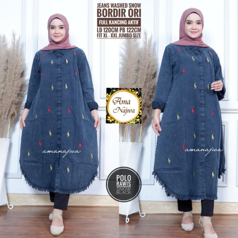 TERBARU LONG TUNIK POLO RAWIS LD.120 PB.122 JEANS WASH SNOW BORDIR ORI KANCING AKTIF by AMA NAJWA