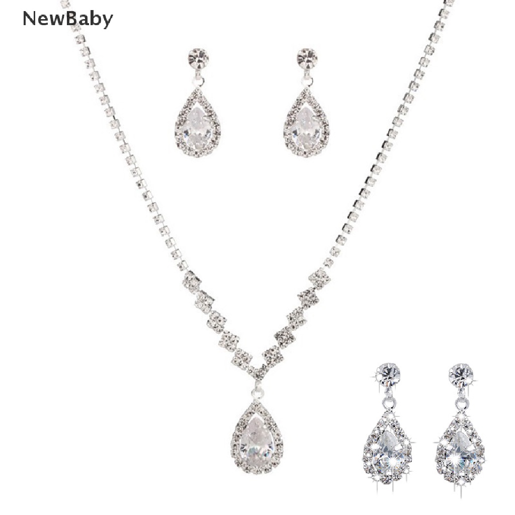 Set Anting Tusuk Gantungkalung Rantai Dengan Liontin Bentuk Tetesan Air Aksen Kristal Imitasi