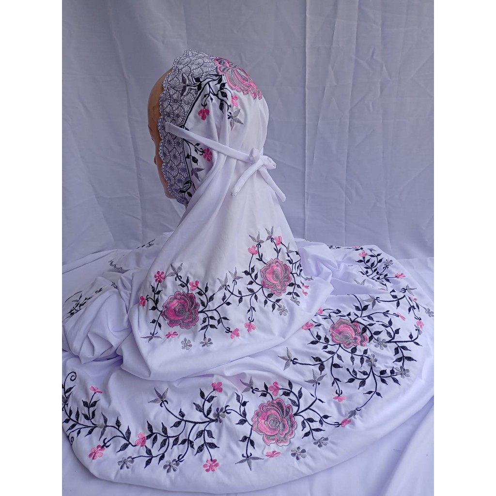 Mukena terusan lajuran Bordir Dewasa Rayon Polino Putih Semi Sutra Jumbo Dewasa Bordir Jumbo Rayon P