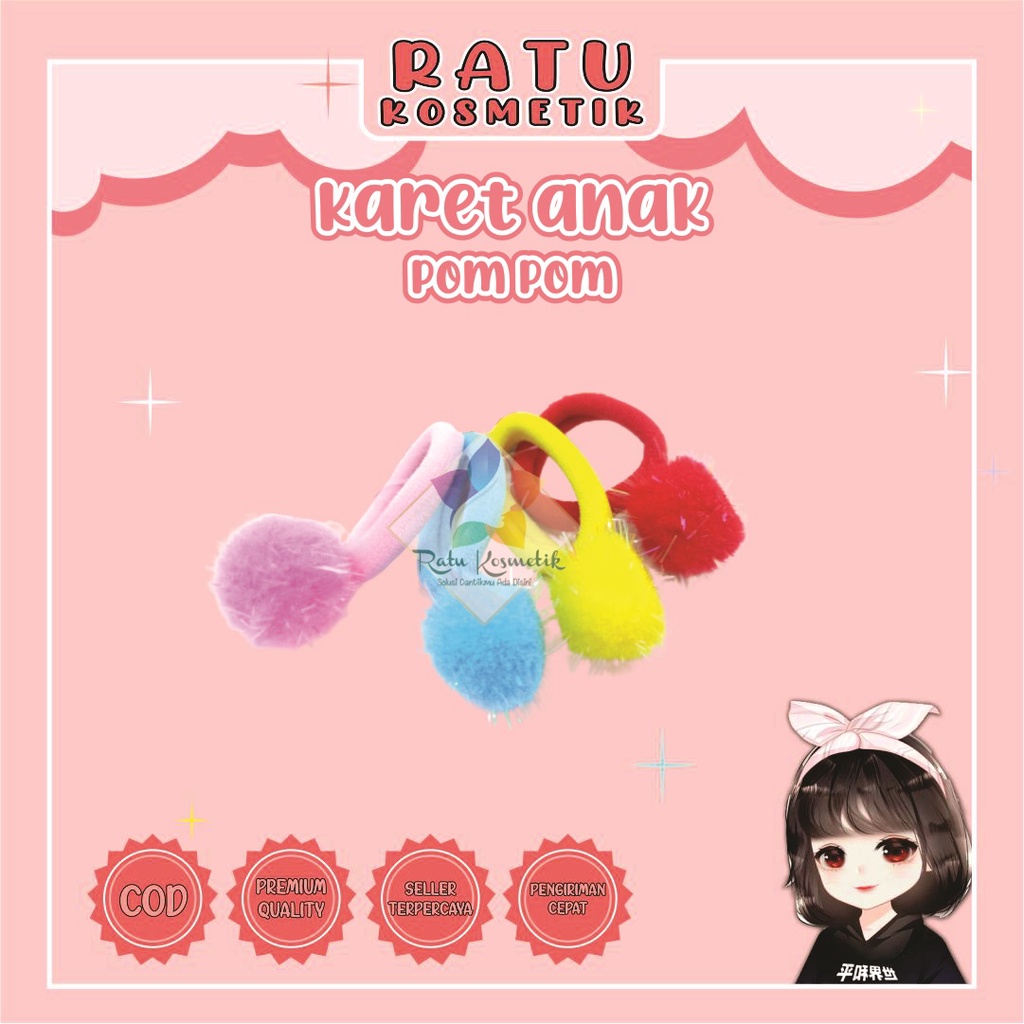 ❤ RATU ❤ Ikat Rambut Anak | Karet Mix | Kunciran Warna Warni Murah isi 50 pcs 4 Pompom Karakter