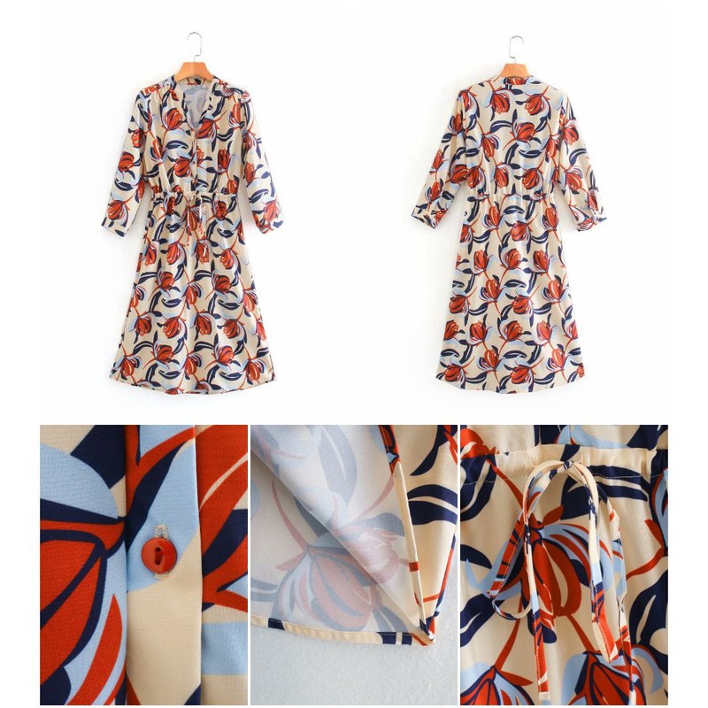 59498 Beige Tulip Print Dress / Dress Pesta Midi Krem