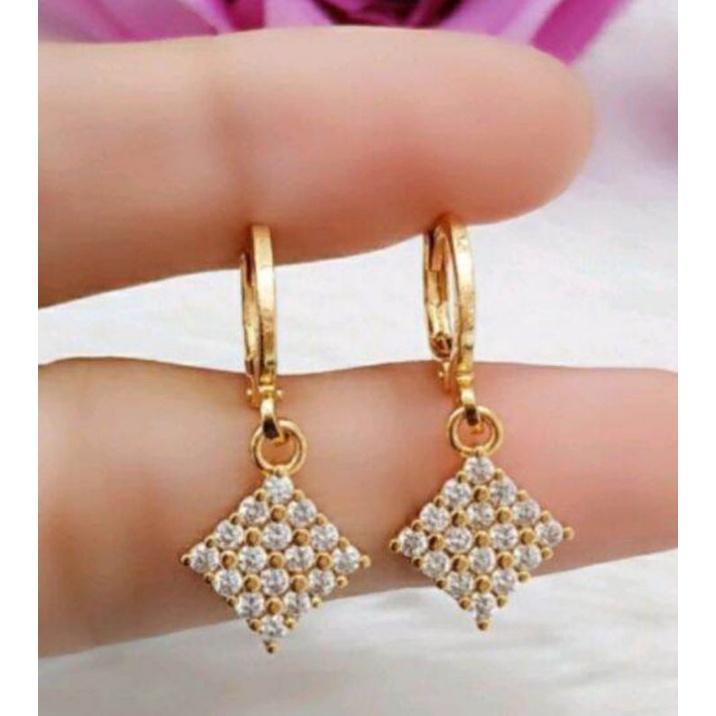 anting jepit kotak full permata cantik Rosegold fashion wanita titanium original anti luntur