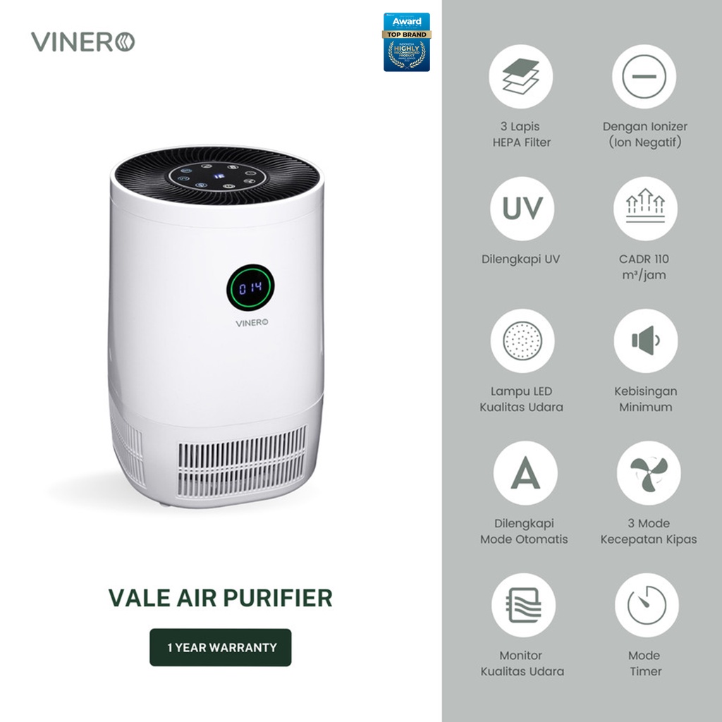 Vinero Vale Air Purifier HEPA Filter Negative ION Anion UV Light PM2.5 - Pembersih Udara Canggih untuk Ruangan 20 m²