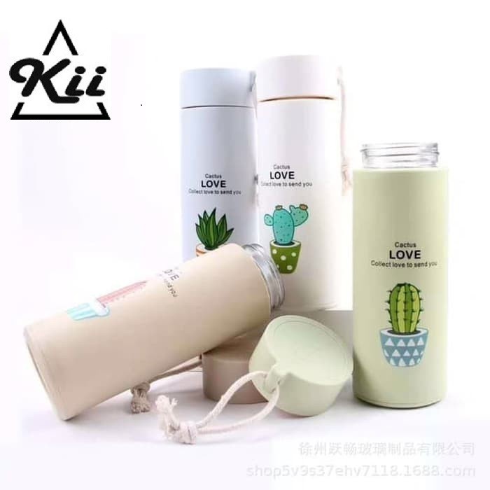 Botol Kaca Kaktus 400ml - Botol Minum - Botol Motif Kaktus Botol Kaca