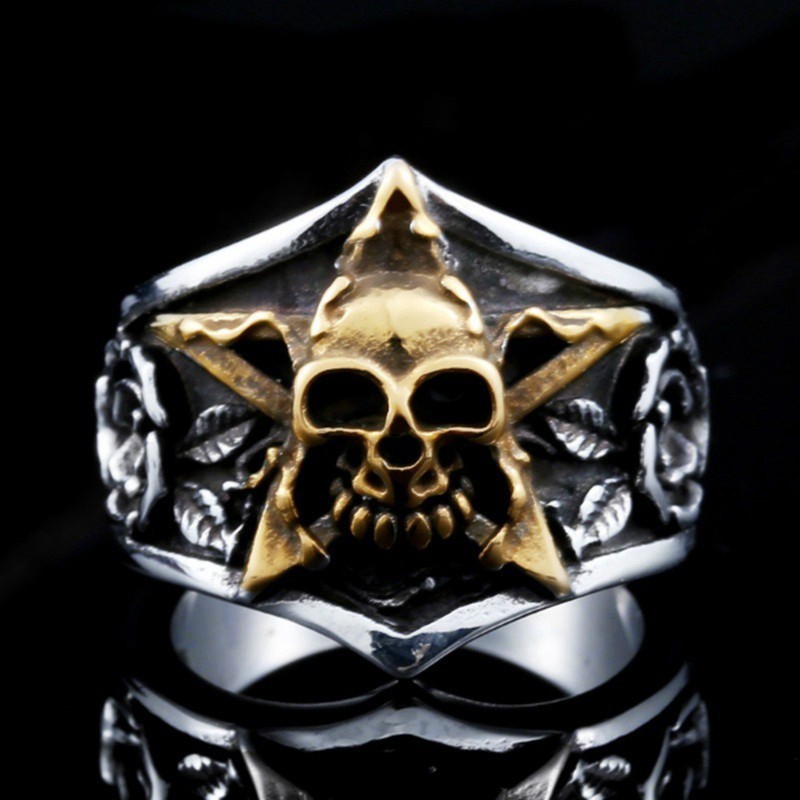 Cincin Jari Punk Fashion Bentuk Pentagram Aksen Tengkorak untuk Hadiah Pria/Pernikahan