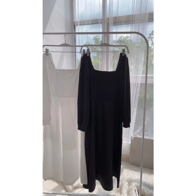 Dress korea/kerah persegi vintage dress/dress hitam panjang