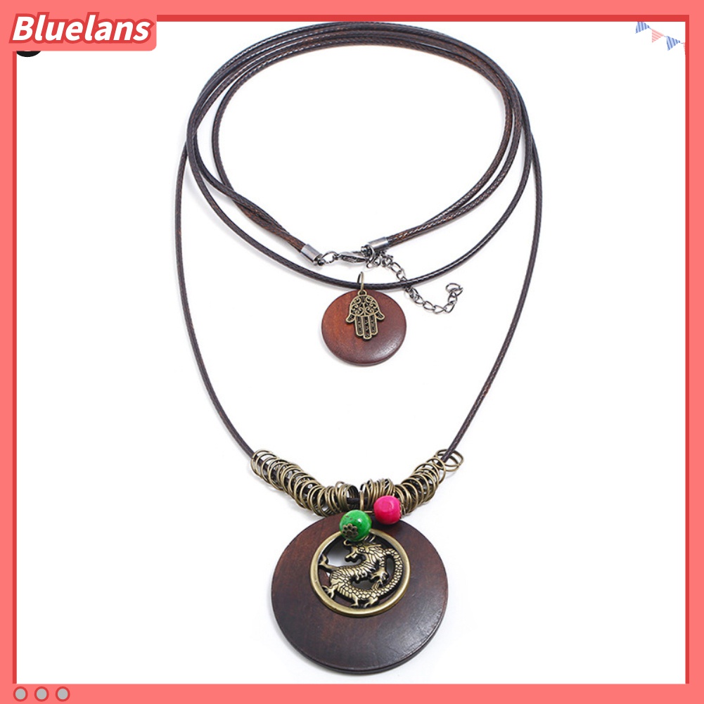 Kalung Rantai Multilayer Bahan Kayu Gaya Vintage Untuk Wanita