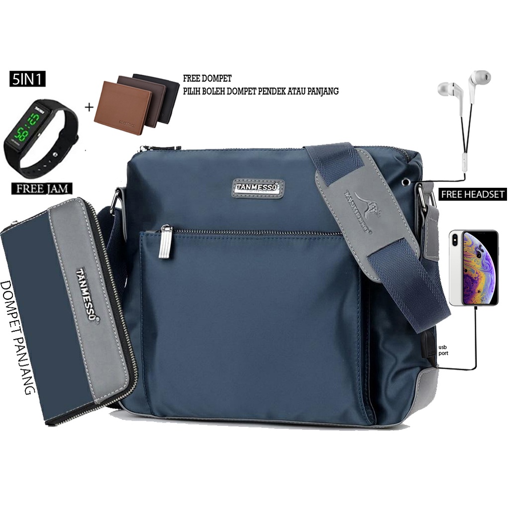 TANMESSO 5in1 BAYAR DITEMPAT- JAM LED -HEADSET- DOMPET -USBPORT -TAS WATERPROOF-BAHAN INTERPILAR SENDIRI LEMBUT DAN TEBAL MENGANDUNG 70%COTTON BUKAN PARASUT ATAU KANVAS SEPERTI YANG BEREDAR DIPASARAN-TAS SELEMPANG PRIA-SLING BAG PRIA